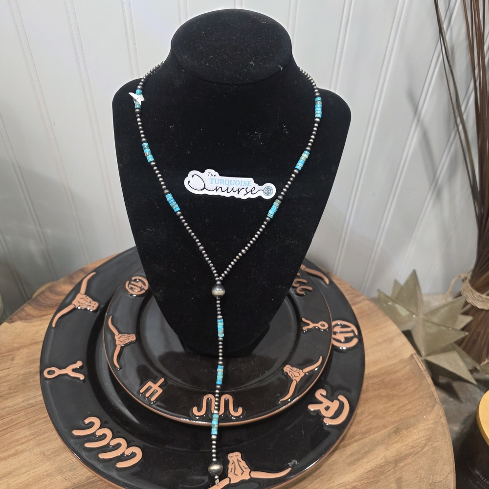Black and Turquoise Beaded Lariat Necklace